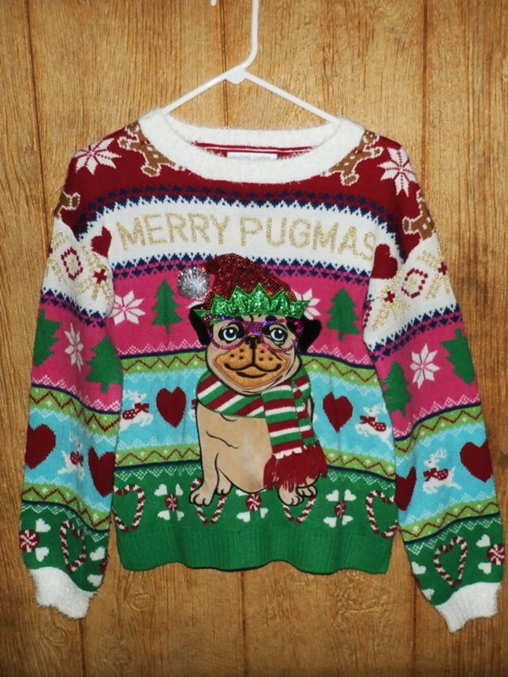 New Merry Pugmas Sweater Soft Artsy  Pullover  Oversized XS  Pug Christmas